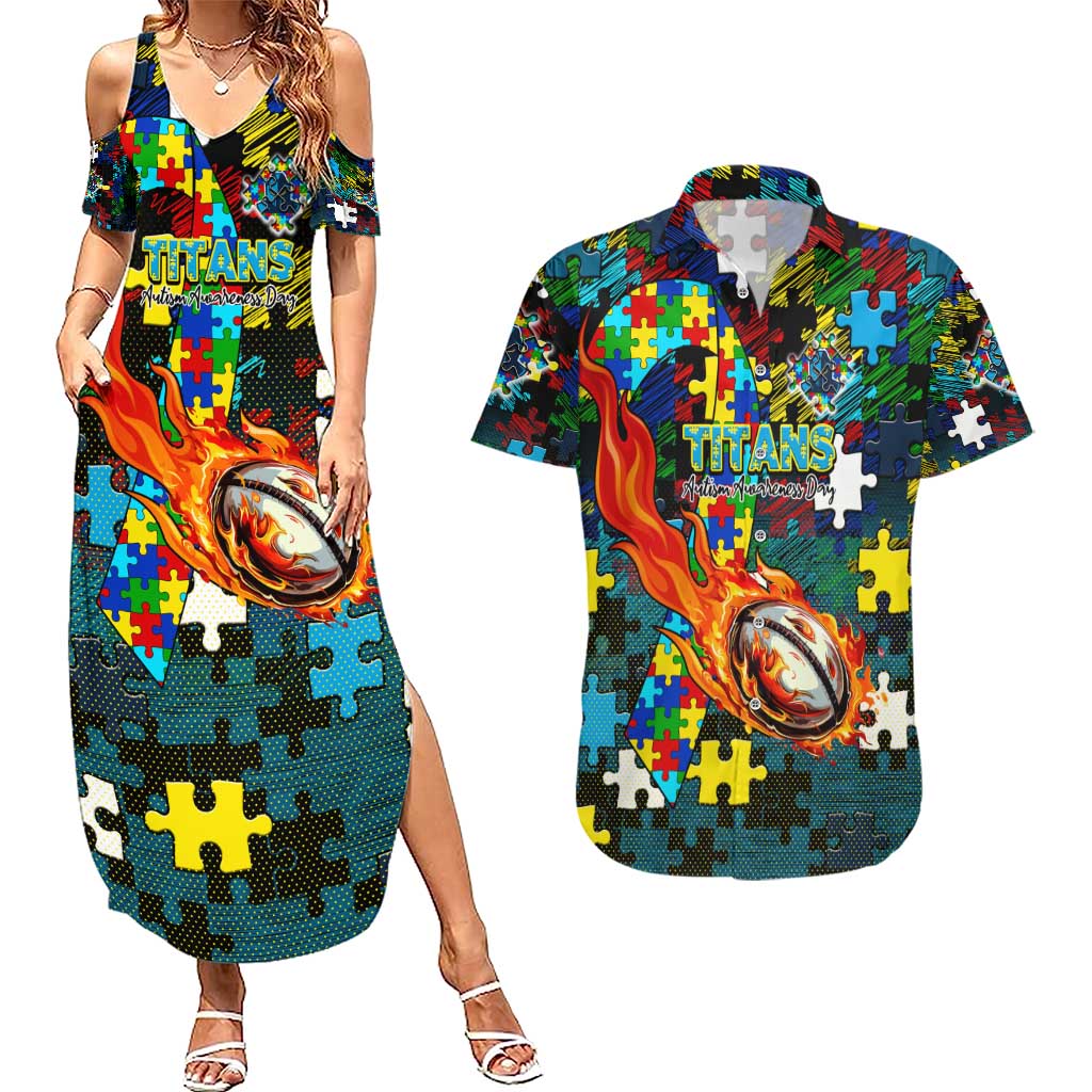 Titans Autism Awareness Couples Matching Summer Maxi Dress and Hawaiian Shirt Puzzle Flames Rugby Ball