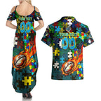 Titans Autism Awareness Couples Matching Summer Maxi Dress and Hawaiian Shirt Puzzle Flames Rugby Ball