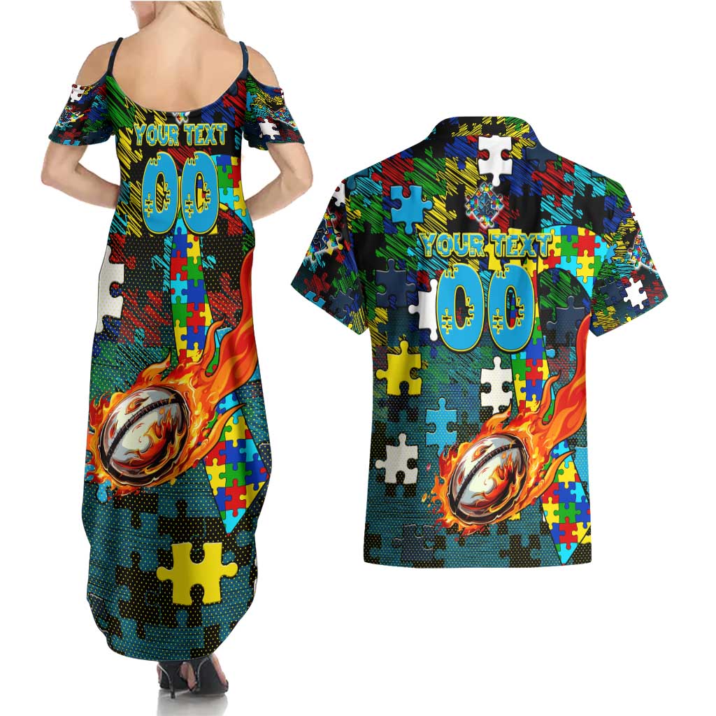 Titans Autism Awareness Couples Matching Summer Maxi Dress and Hawaiian Shirt Puzzle Flames Rugby Ball