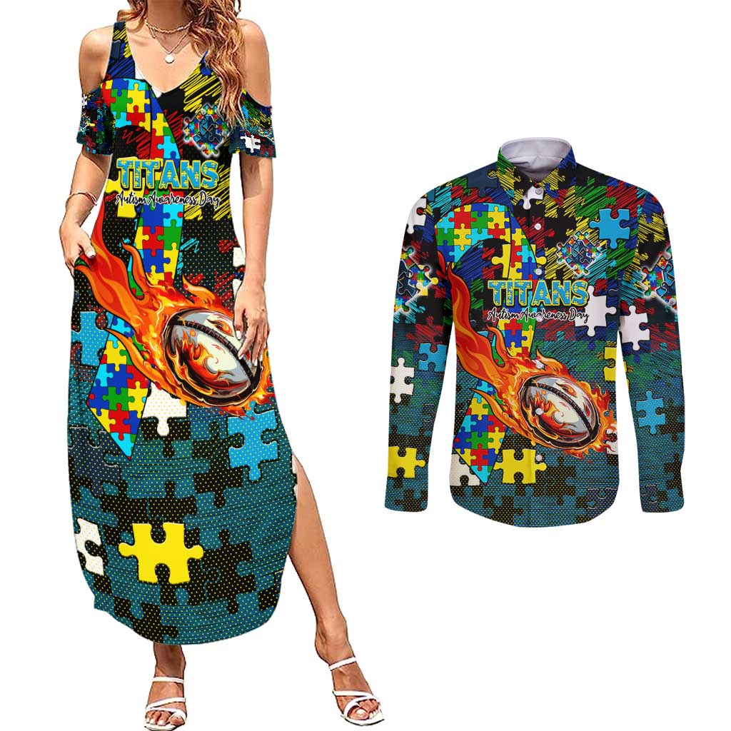 Titans Autism Awareness Couples Matching Summer Maxi Dress and Long Sleeve Button Shirt Puzzle Flames Rugby Ball