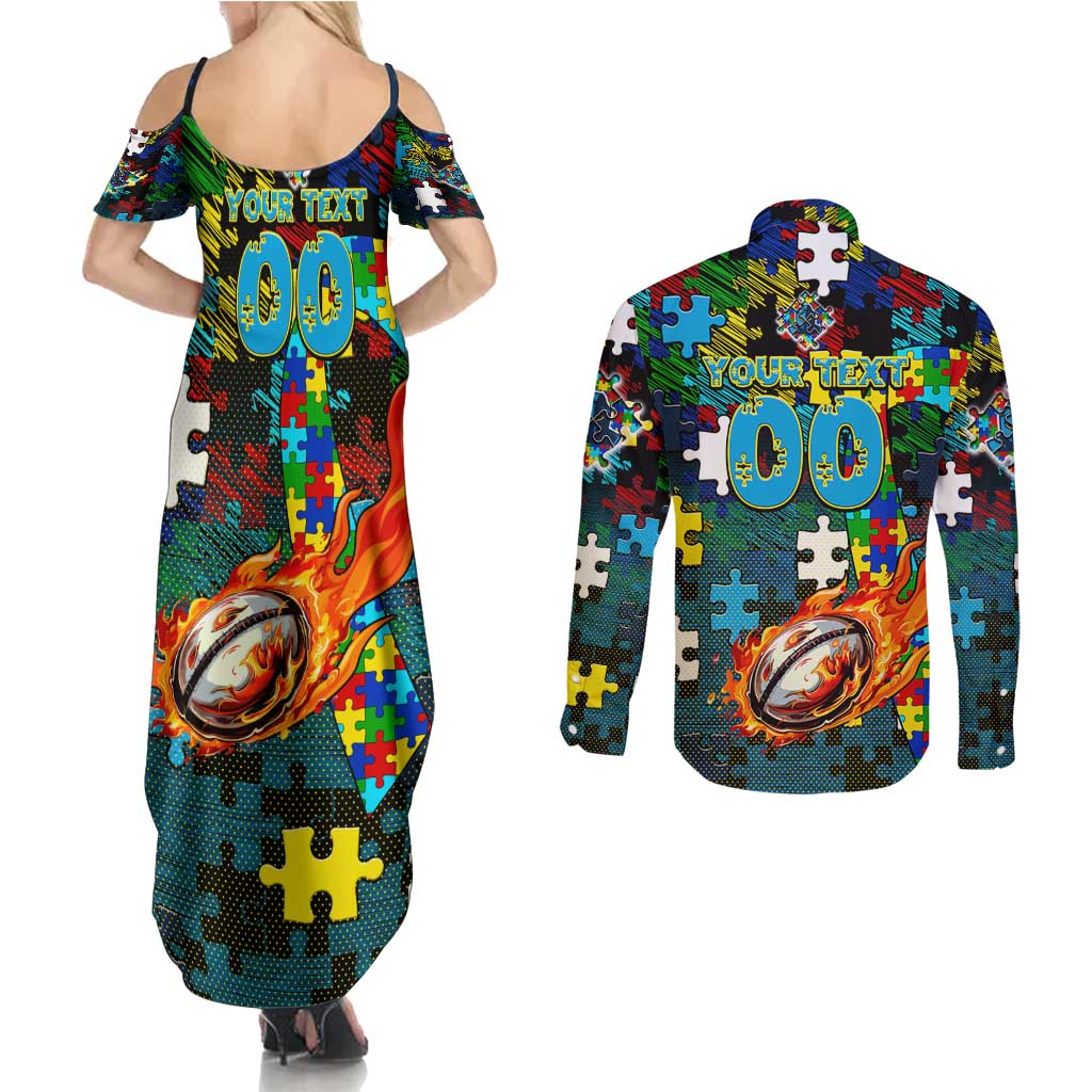 Titans Autism Awareness Couples Matching Summer Maxi Dress and Long Sleeve Button Shirt Puzzle Flames Rugby Ball