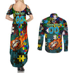 Titans Autism Awareness Couples Matching Summer Maxi Dress and Long Sleeve Button Shirt Puzzle Flames Rugby Ball