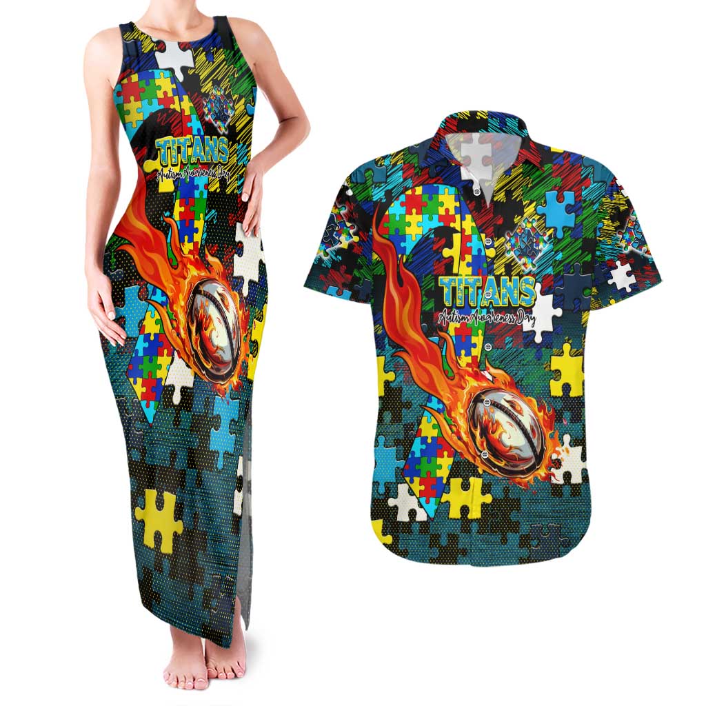 Titans Autism Awareness Couples Matching Tank Maxi Dress and Hawaiian Shirt Puzzle Flames Rugby Ball