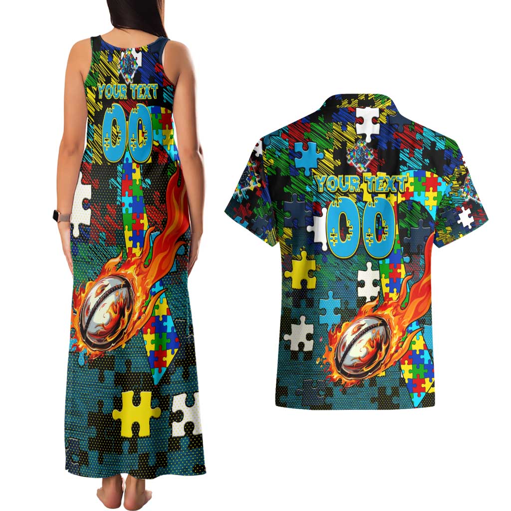 Titans Autism Awareness Couples Matching Tank Maxi Dress and Hawaiian Shirt Puzzle Flames Rugby Ball