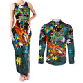 Titans Autism Awareness Couples Matching Tank Maxi Dress and Long Sleeve Button Shirt Puzzle Flames Rugby Ball