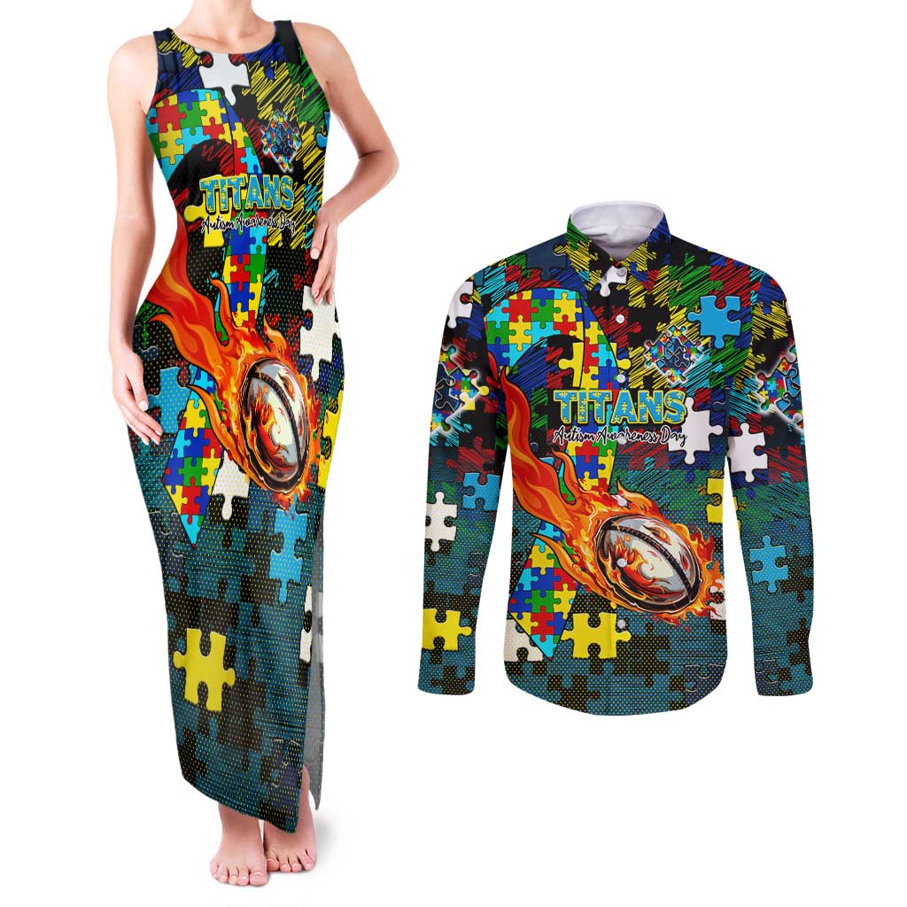 Titans Autism Awareness Couples Matching Tank Maxi Dress and Long Sleeve Button Shirt Puzzle Flames Rugby Ball