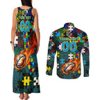 Titans Autism Awareness Couples Matching Tank Maxi Dress and Long Sleeve Button Shirt Puzzle Flames Rugby Ball