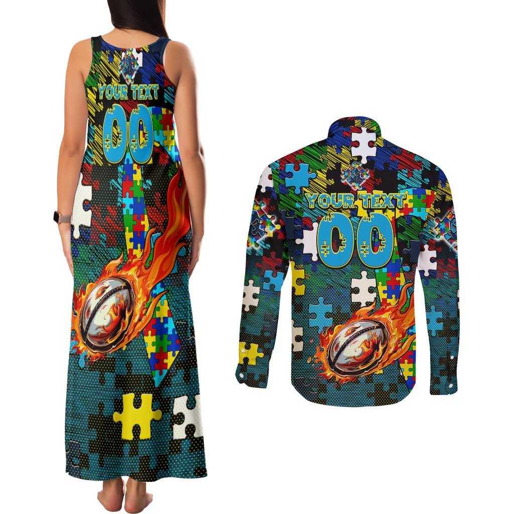 Titans Autism Awareness Couples Matching Tank Maxi Dress and Long Sleeve Button Shirt Puzzle Flames Rugby Ball
