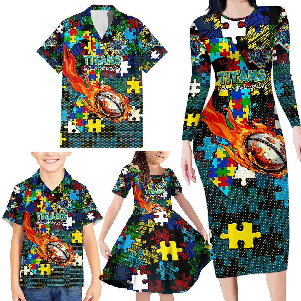 Titans Autism Awareness Family Matching Long Sleeve Bodycon Dress and Hawaiian Shirt Puzzle Flames Rugby Ball