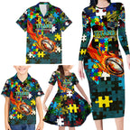 Titans Autism Awareness Family Matching Long Sleeve Bodycon Dress and Hawaiian Shirt Puzzle Flames Rugby Ball