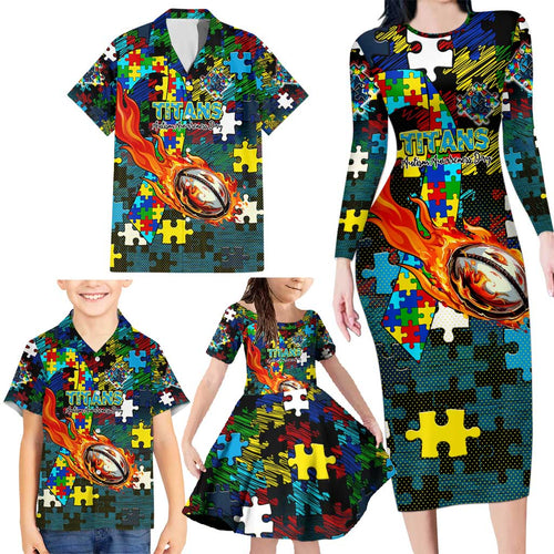 Titans Autism Awareness Family Matching Long Sleeve Bodycon Dress and Hawaiian Shirt Puzzle Flames Rugby Ball