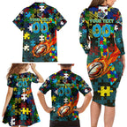 Titans Autism Awareness Family Matching Long Sleeve Bodycon Dress and Hawaiian Shirt Puzzle Flames Rugby Ball