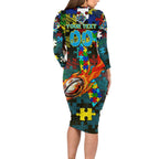 Titans Autism Awareness Family Matching Long Sleeve Bodycon Dress and Hawaiian Shirt Puzzle Flames Rugby Ball