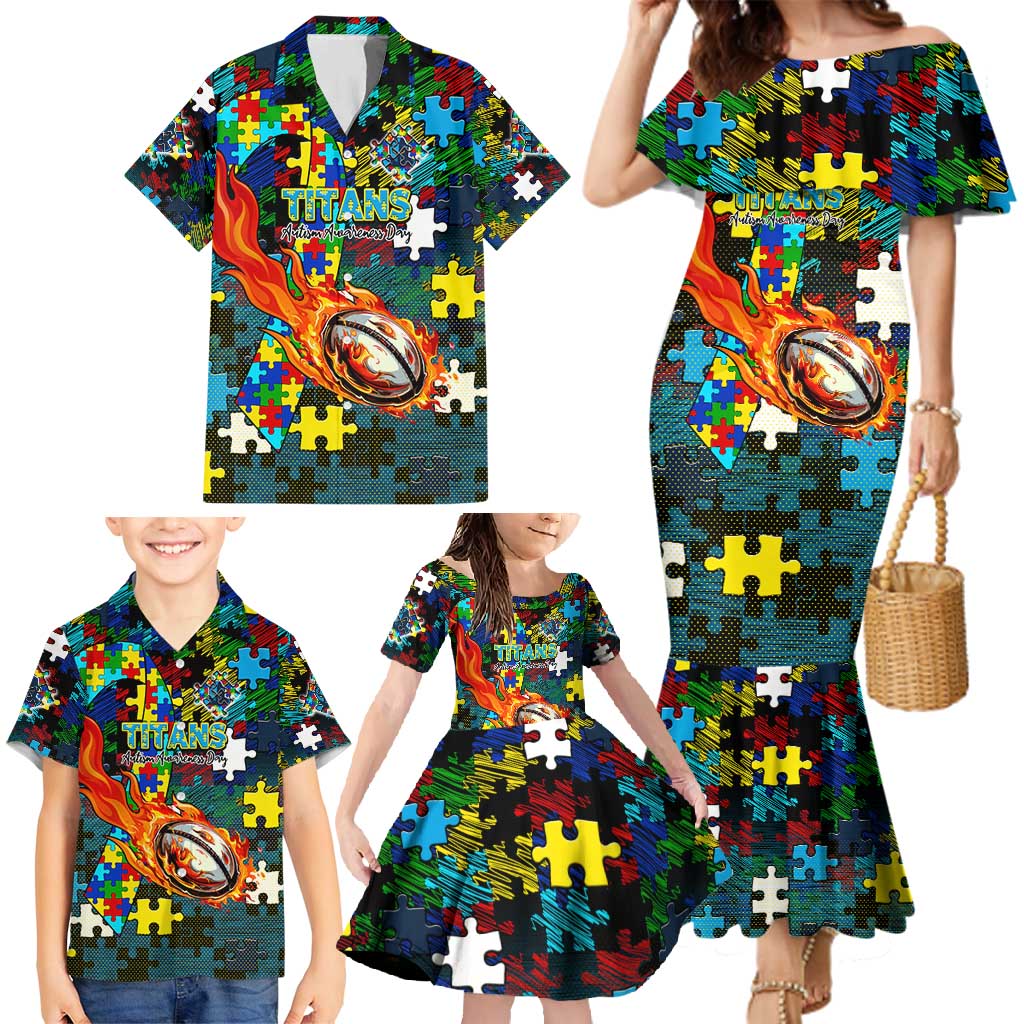 Titans Autism Awareness Family Matching Mermaid Dress and Hawaiian Shirt Puzzle Flames Rugby Ball