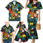 Titans Autism Awareness Family Matching Mermaid Dress and Hawaiian Shirt Puzzle Flames Rugby Ball
