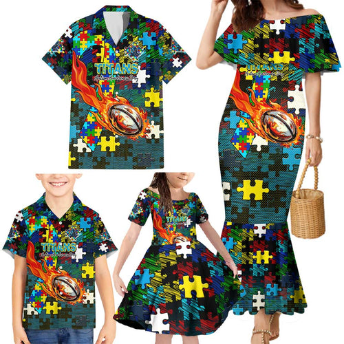 Titans Autism Awareness Family Matching Mermaid Dress and Hawaiian Shirt Puzzle Flames Rugby Ball