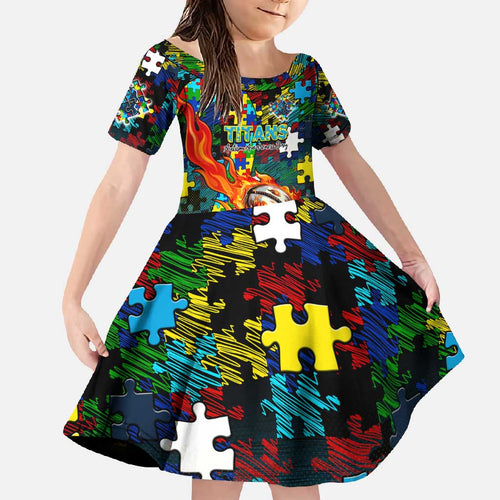 Titans Autism Awareness Family Matching Mermaid Dress and Hawaiian Shirt Puzzle Flames Rugby Ball