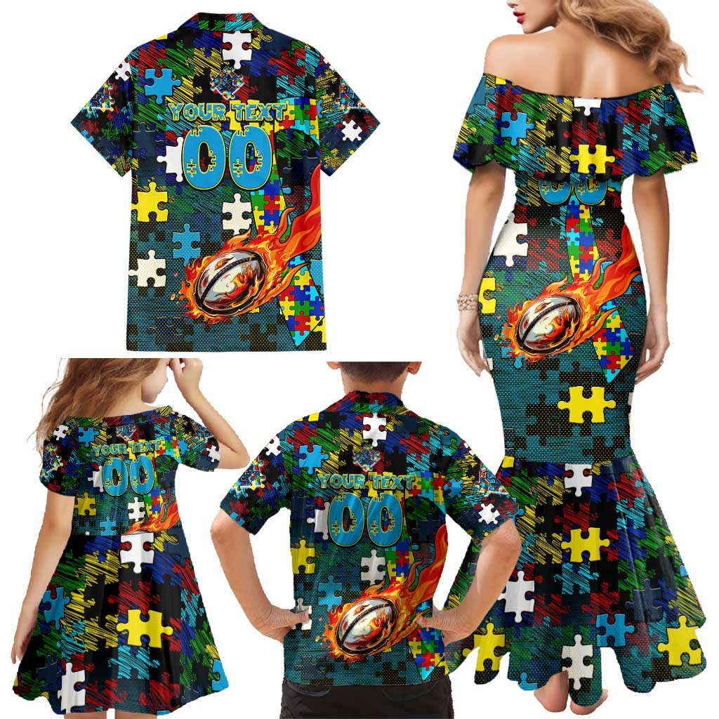 Titans Autism Awareness Family Matching Mermaid Dress and Hawaiian Shirt Puzzle Flames Rugby Ball