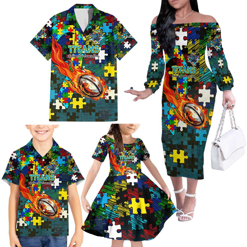 Titans Autism Awareness Family Matching Off The Shoulder Long Sleeve Dress and Hawaiian Shirt Puzzle Flames Rugby Ball