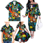 Titans Autism Awareness Family Matching Off The Shoulder Long Sleeve Dress and Hawaiian Shirt Puzzle Flames Rugby Ball