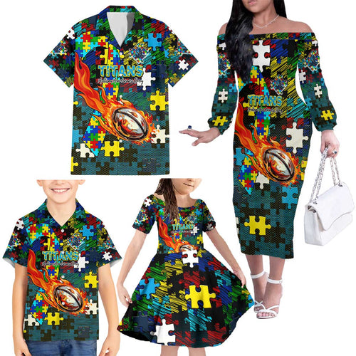 Titans Autism Awareness Family Matching Off The Shoulder Long Sleeve Dress and Hawaiian Shirt Puzzle Flames Rugby Ball