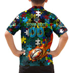 Titans Autism Awareness Family Matching Off The Shoulder Long Sleeve Dress and Hawaiian Shirt Puzzle Flames Rugby Ball