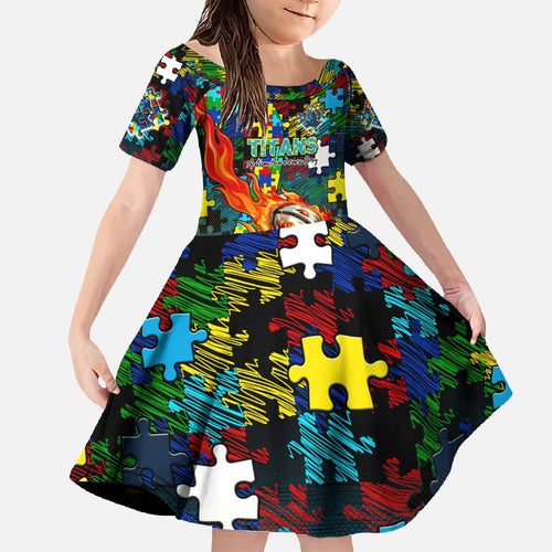 Titans Autism Awareness Family Matching Off The Shoulder Long Sleeve Dress and Hawaiian Shirt Puzzle Flames Rugby Ball