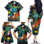 Titans Autism Awareness Family Matching Off The Shoulder Long Sleeve Dress and Hawaiian Shirt Puzzle Flames Rugby Ball