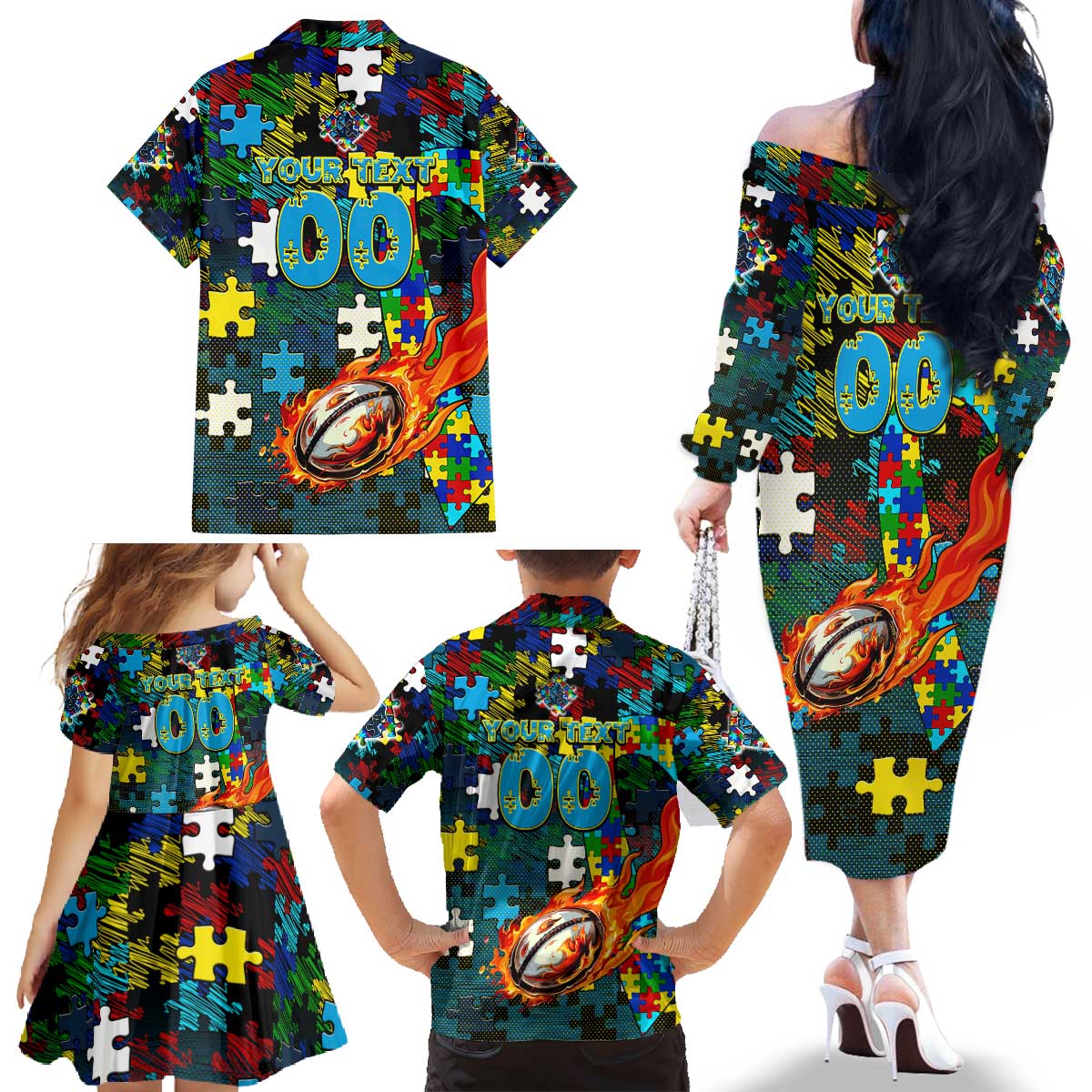 Titans Autism Awareness Family Matching Off The Shoulder Long Sleeve Dress and Hawaiian Shirt Puzzle Flames Rugby Ball