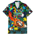Titans Autism Awareness Family Matching Off The Shoulder Long Sleeve Dress and Hawaiian Shirt Puzzle Flames Rugby Ball
