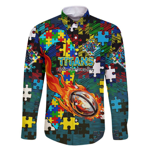 Titans Autism Awareness Family Matching Off The Shoulder Long Sleeve Dress and Hawaiian Shirt Puzzle Flames Rugby Ball