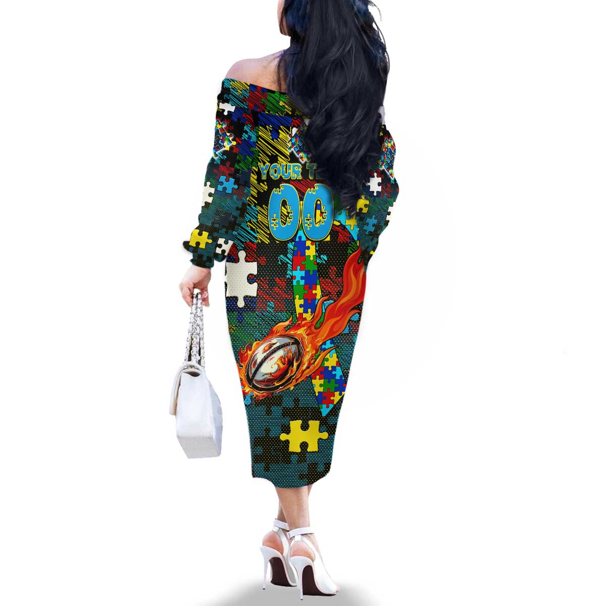 Titans Autism Awareness Family Matching Off The Shoulder Long Sleeve Dress and Hawaiian Shirt Puzzle Flames Rugby Ball