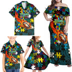 Titans Autism Awareness Family Matching Off Shoulder Maxi Dress and Hawaiian Shirt Puzzle Flames Rugby Ball