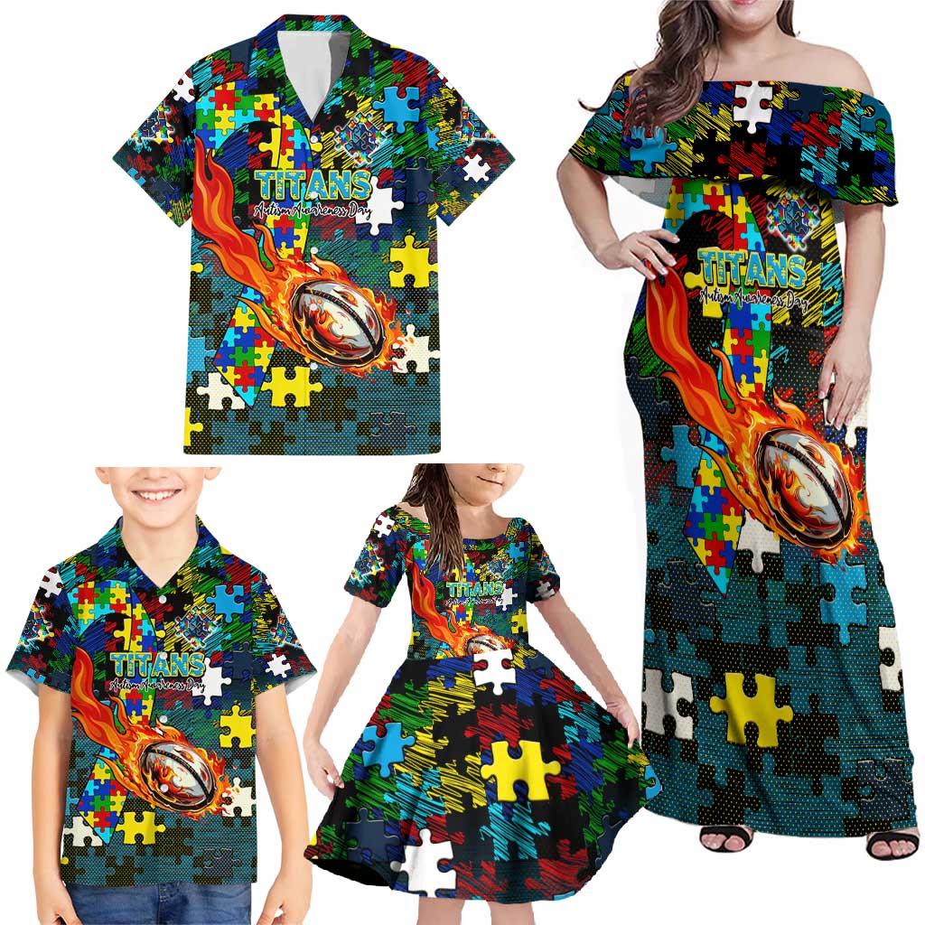 Titans Autism Awareness Family Matching Off Shoulder Maxi Dress and Hawaiian Shirt Puzzle Flames Rugby Ball