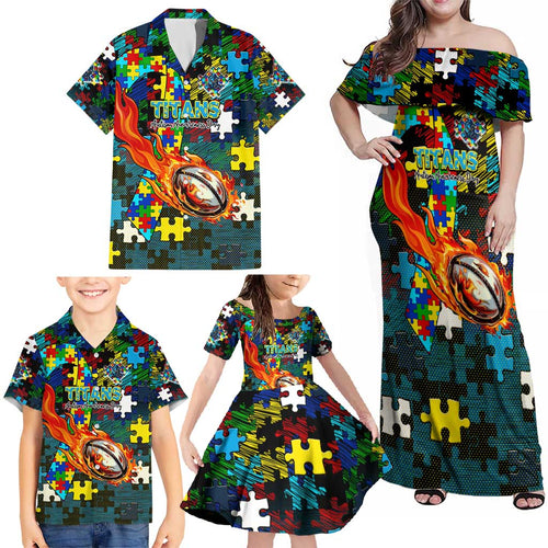 Titans Autism Awareness Family Matching Off Shoulder Maxi Dress and Hawaiian Shirt Puzzle Flames Rugby Ball