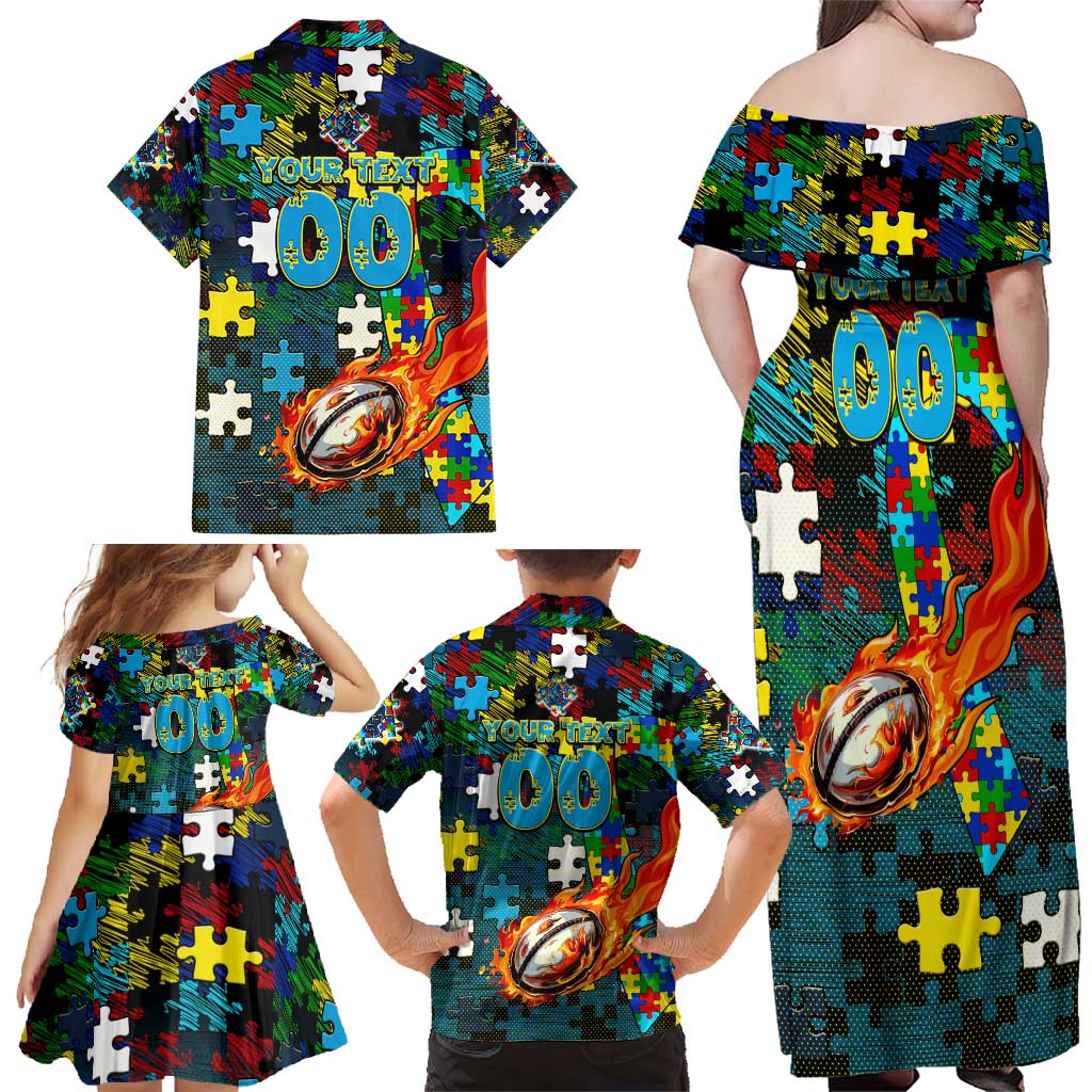 Titans Autism Awareness Family Matching Off Shoulder Maxi Dress and Hawaiian Shirt Puzzle Flames Rugby Ball