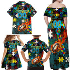 Titans Autism Awareness Family Matching Off Shoulder Maxi Dress and Hawaiian Shirt Puzzle Flames Rugby Ball