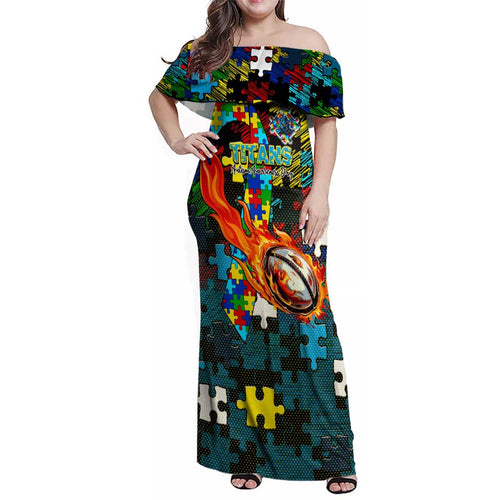 Titans Autism Awareness Family Matching Off Shoulder Maxi Dress and Hawaiian Shirt Puzzle Flames Rugby Ball