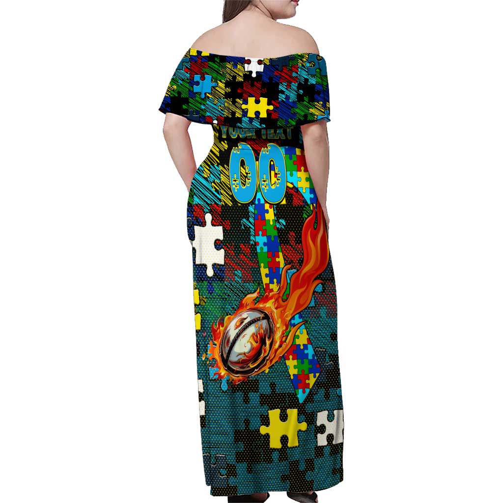 Titans Autism Awareness Family Matching Off Shoulder Maxi Dress and Hawaiian Shirt Puzzle Flames Rugby Ball