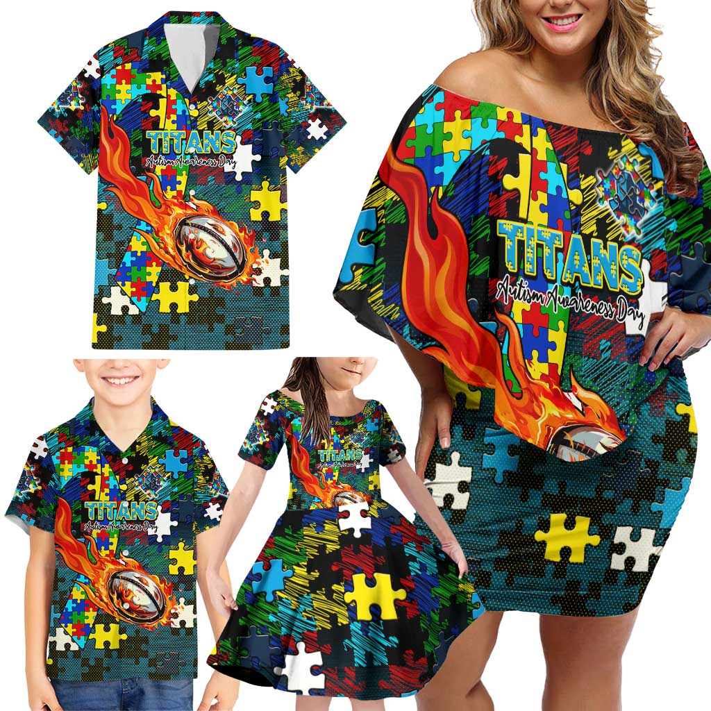 Titans Autism Awareness Family Matching Off Shoulder Short Dress and Hawaiian Shirt Puzzle Flames Rugby Ball
