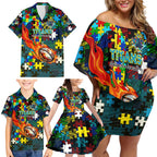Titans Autism Awareness Family Matching Off Shoulder Short Dress and Hawaiian Shirt Puzzle Flames Rugby Ball