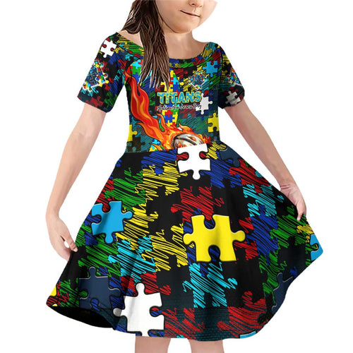Titans Autism Awareness Family Matching Off Shoulder Short Dress and Hawaiian Shirt Puzzle Flames Rugby Ball