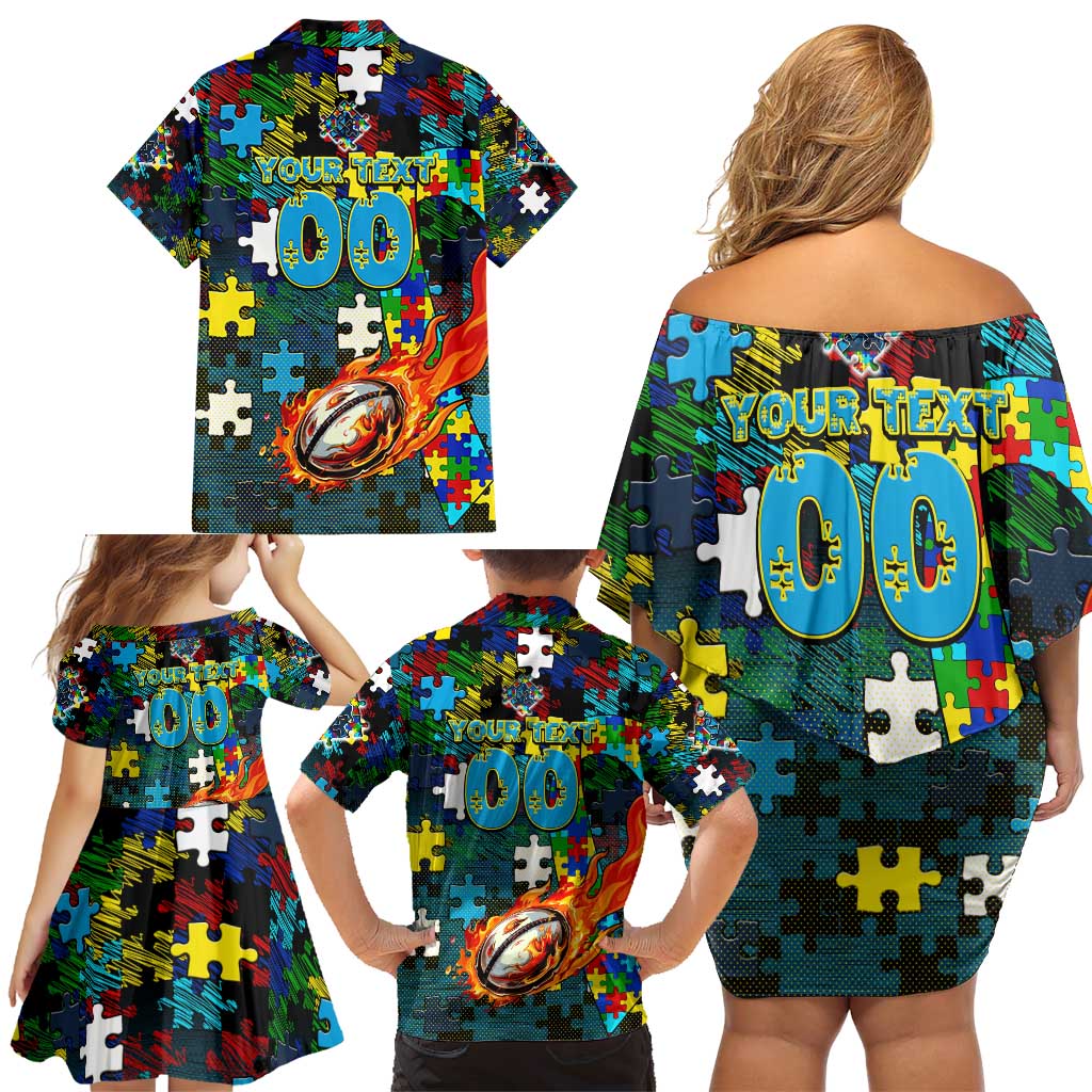 Titans Autism Awareness Family Matching Off Shoulder Short Dress and Hawaiian Shirt Puzzle Flames Rugby Ball