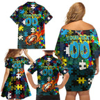 Titans Autism Awareness Family Matching Off Shoulder Short Dress and Hawaiian Shirt Puzzle Flames Rugby Ball