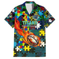 Titans Autism Awareness Family Matching Off Shoulder Short Dress and Hawaiian Shirt Puzzle Flames Rugby Ball