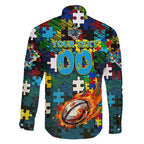 Titans Autism Awareness Family Matching Off Shoulder Short Dress and Hawaiian Shirt Puzzle Flames Rugby Ball