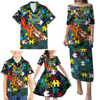 Titans Autism Awareness Family Matching Puletasi and Hawaiian Shirt Puzzle Flames Rugby Ball