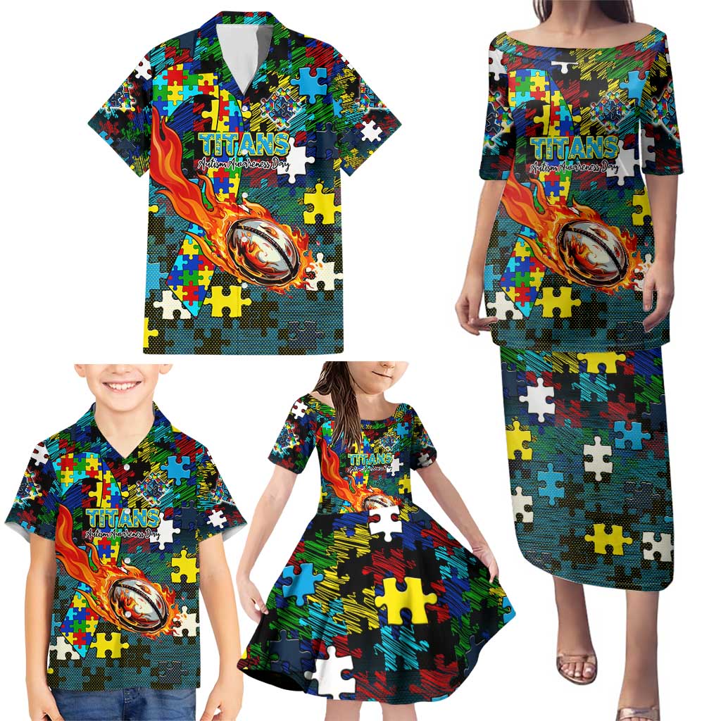 Titans Autism Awareness Family Matching Puletasi and Hawaiian Shirt Puzzle Flames Rugby Ball