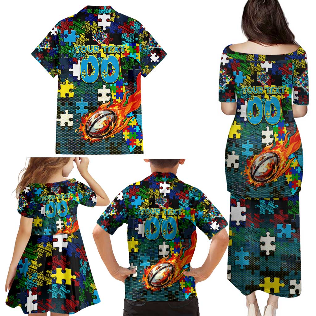 Titans Autism Awareness Family Matching Puletasi and Hawaiian Shirt Puzzle Flames Rugby Ball