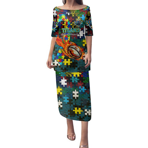 Titans Autism Awareness Family Matching Puletasi and Hawaiian Shirt Puzzle Flames Rugby Ball